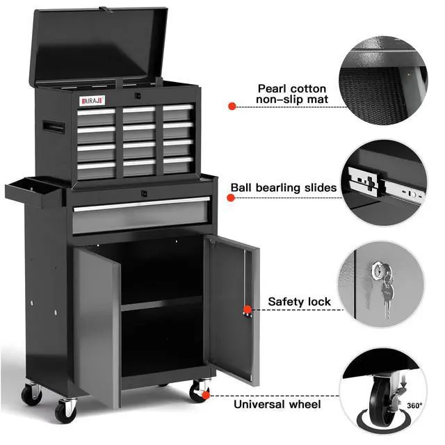 Alt view image 3 of 6 - 7-Drawer Tool Chest with Wheels,40'' Rolling Tool Chest with Drawers,Portable Tool Cabinet with Liners,Detachable Top Tool Box,Rolling Tool Box for Garage Storage,Workshop,Warehouse,Black