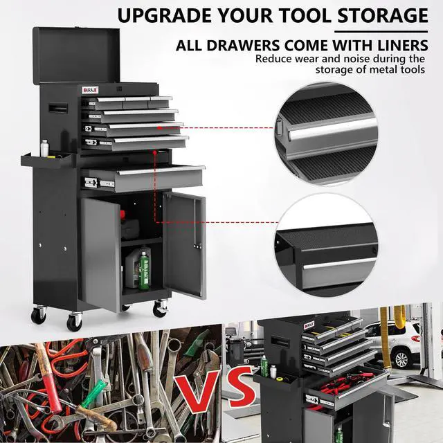 Alt view image 4 of 6 - 7-Drawer Tool Chest with Wheels,40'' Rolling Tool Chest with Drawers,Portable Tool Cabinet with Liners,Detachable Top Tool Box,Rolling Tool Box for Garage Storage,Workshop,Warehouse,Black
