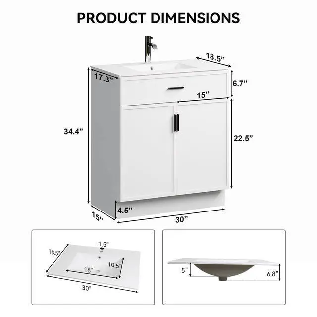 Alt view image 2 of 6 - 30-Inch Bathroom Vanity with Ceramic Sink and Countertop, Water-Resistant Bathroom Cabinet with 2 Soft-Closing Doors