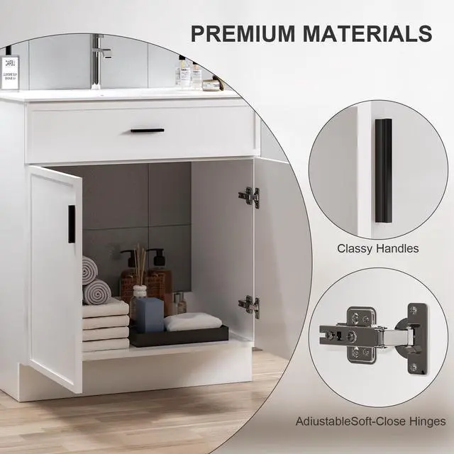 Alt view image 3 of 6 - 30-Inch Bathroom Vanity with Ceramic Sink and Countertop, Water-Resistant Bathroom Cabinet with 2 Soft-Closing Doors