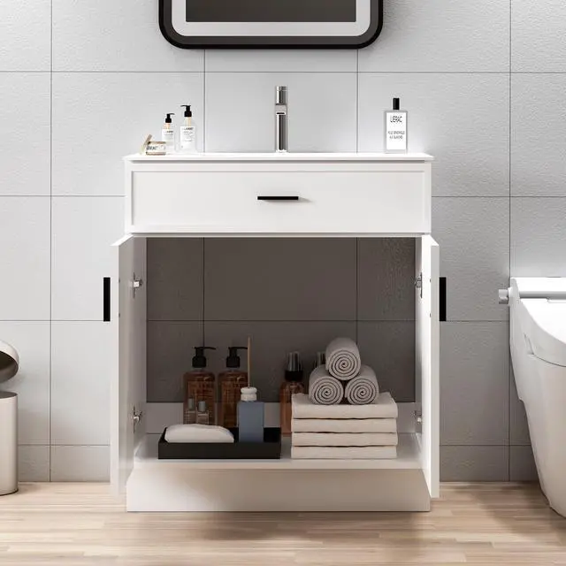 Alt view image 5 of 6 - 30-Inch Bathroom Vanity with Ceramic Sink and Countertop, Water-Resistant Bathroom Cabinet with 2 Soft-Closing Doors