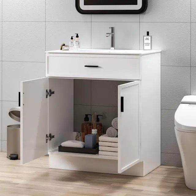 Alt view image 6 of 6 - 30-Inch Bathroom Vanity with Ceramic Sink and Countertop, Water-Resistant Bathroom Cabinet with 2 Soft-Closing Doors