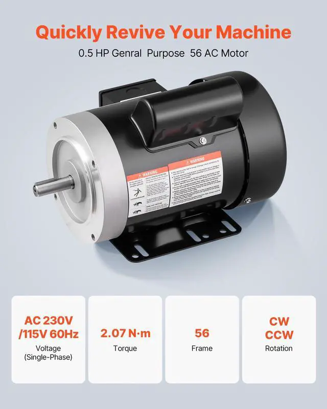 Alt view image 2 of 6 - 0.5 HP Electric Motor, 1725RPM Air Compressor Motor, CW/CCW Rotation, 5/8 inch Shaft Diameter, 1.88inch Shaft Length, 2.07N.m Torque, Single-Phase, TEFC Cooling, 115V/230V, 56 Frame