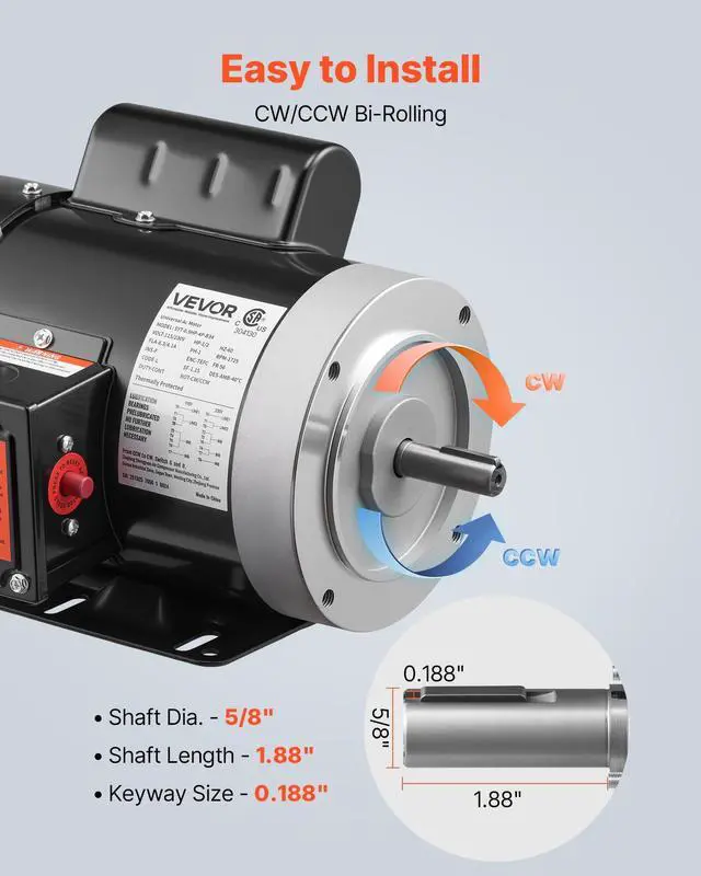 Alt view image 4 of 6 - 0.5 HP Electric Motor, 1725RPM Air Compressor Motor, CW/CCW Rotation, 5/8 inch Shaft Diameter, 1.88inch Shaft Length, 2.07N.m Torque, Single-Phase, TEFC Cooling, 115V/230V, 56 Frame