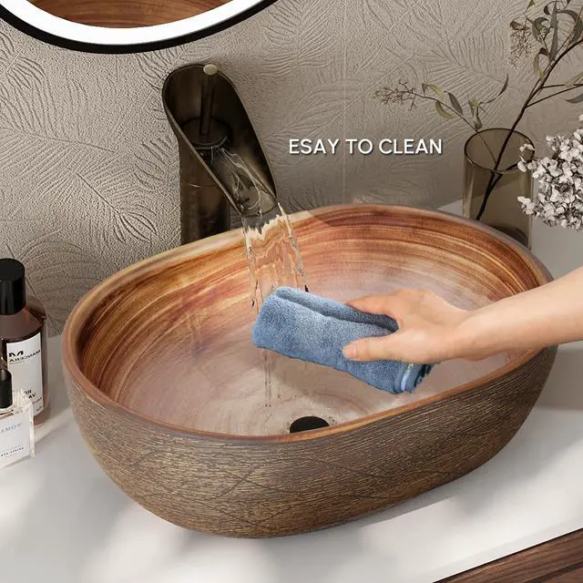 Alt view image 5 of 6 - Bathroom Vessel Sink, 18.82" Oval Bowl Sink Retro Ceramic Washbasin Above Counter for Bathroom,Without Pop-up Drain