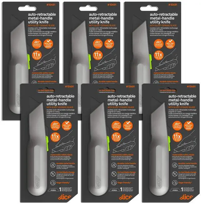 Main image of 10491 Metal-Handle Utility Knife, Finger Friendly Ceramic Blade, Auto Retracts for Safety, Heavy Metal Handle, Comfortable Grip, Stores Extra Blade, Ambidextrous, Easy Blade Change - 6 Pack