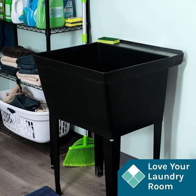 Alt view image 3 of 6 - 19 Gallon Utility Sink Laundry Tub by with Adjustable Metal Legs, Ideal for Laundry room, Basement, or Garage Workshop. Heavy Duty Shop Sink. No Faucet Included (Black)