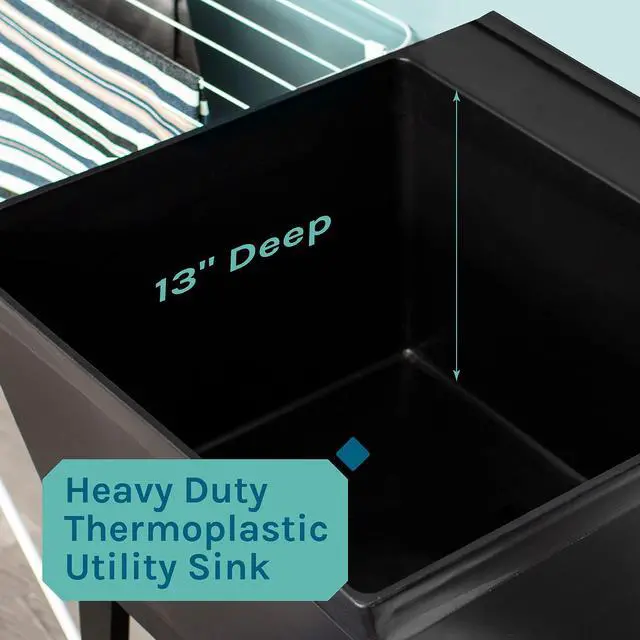Alt view image 6 of 6 - 19 Gallon Utility Sink Laundry Tub by with Adjustable Metal Legs, Ideal for Laundry room, Basement, or Garage Workshop. Heavy Duty Shop Sink. No Faucet Included (Black)