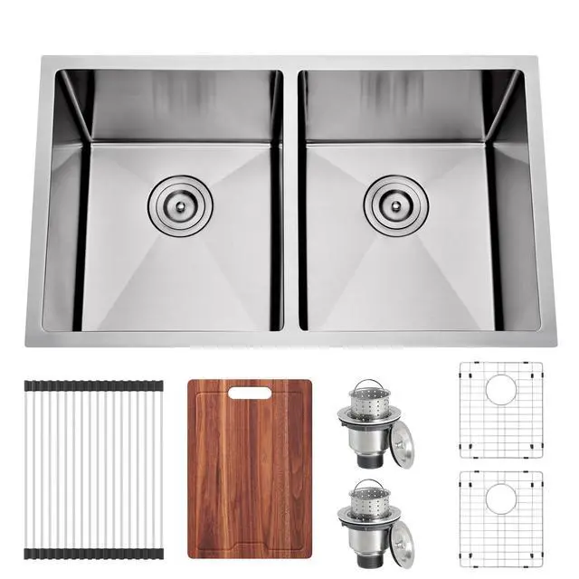 Alt view image 2 of 6 - 32 Inch Undermount Handmade 50/50 Double Bowl Kitchen Sink | 16 Gauge Thickness, 304 Stainless Steel, Brushed Satin Finish, Large Capacity, Accessories Combo Included, 32" x 19" x 10"