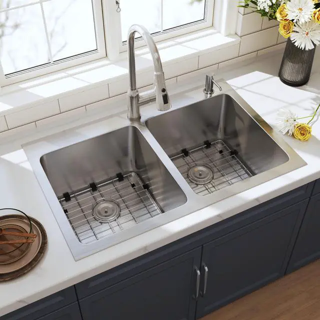 Main image of 33 Inch Drop In Double Bowl 33x22 Topmount Kitchen Sink | 304 Stainless Steel, 18 Gauge Thickness, Two Holes with Cover, Strainer & Grid Included, Brushed Satin Finish, 33" x 22" x 9"