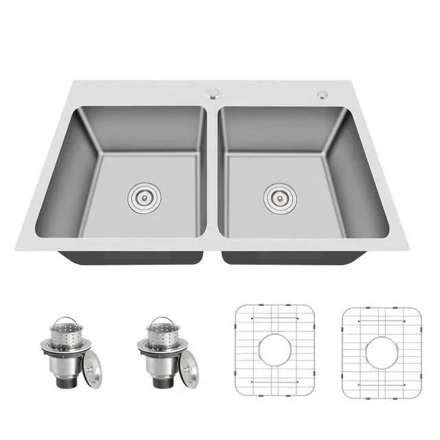 Alt view image 2 of 6 - 33 Inch Drop In Double Bowl 33x22 Topmount Kitchen Sink | 304 Stainless Steel, 18 Gauge Thickness, Two Holes with Cover, Strainer & Grid Included, Brushed Satin Finish, 33" x 22" x 9"