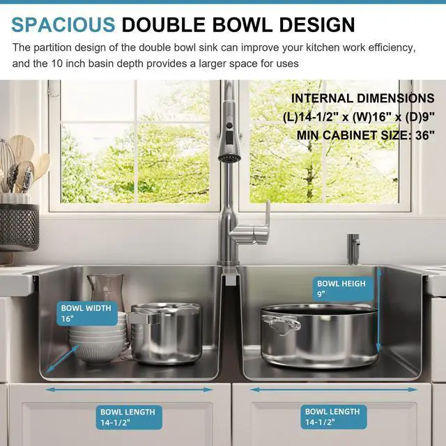 Alt view image 4 of 6 - 33 Inch Drop In Double Bowl 33x22 Topmount Kitchen Sink | 304 Stainless Steel, 18 Gauge Thickness, Two Holes with Cover, Strainer & Grid Included, Brushed Satin Finish, 33" x 22" x 9"