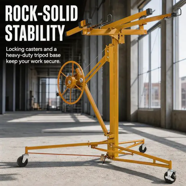 Alt view image 3 of 6 - 16 FT Drywall Lift Panel Rolling Hoist Jack Lifter Sheetrock, Drywall Lifting Construction Tools Caster Wheel with Adjustable Telescopic Arm, Yellow