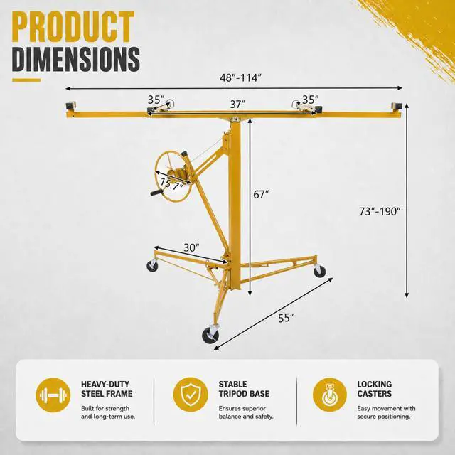 Alt view image 5 of 6 - 16 FT Drywall Lift Panel Rolling Hoist Jack Lifter Sheetrock, Drywall Lifting Construction Tools Caster Wheel with Adjustable Telescopic Arm, Yellow