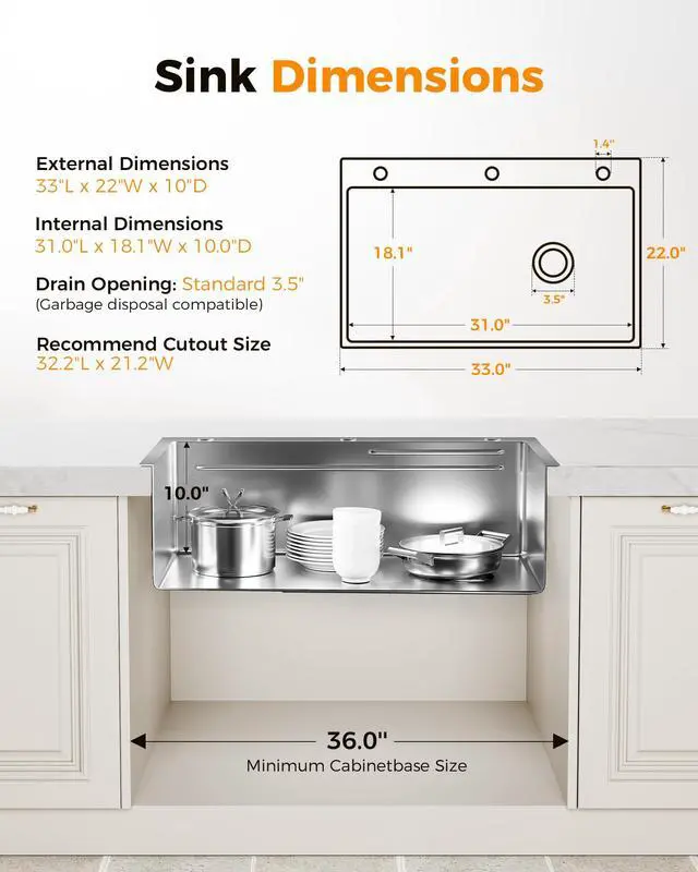 Alt view image 5 of 6 - 33X22 Drop In Kitchen Sink with Pop-Up Drain, 304 Stainless Steel Workstation Sink, Upgraded Fast Drain, Topmount Single Bowl with Accessories, Foldable Grid for Easy Cleaning
