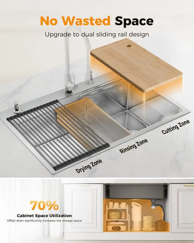 Alt view image 6 of 6 - 33X22 Drop In Kitchen Sink with Pop-Up Drain, 304 Stainless Steel Workstation Sink, Upgraded Fast Drain, Topmount Single Bowl with Accessories, Foldable Grid for Easy Cleaning