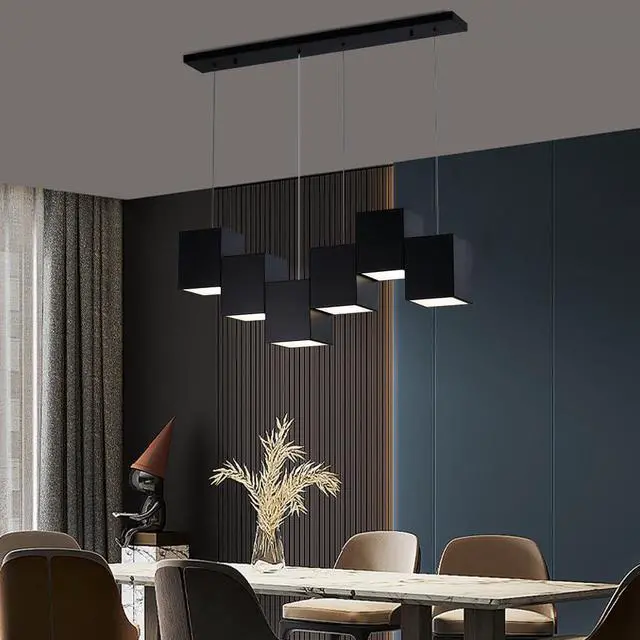Alt view image 5 of 6 - Modern Black Kitchen Island Lighting, Linear Chandeliers for Dining Room 6-Light Square Ceiling Hanging Pendant Light