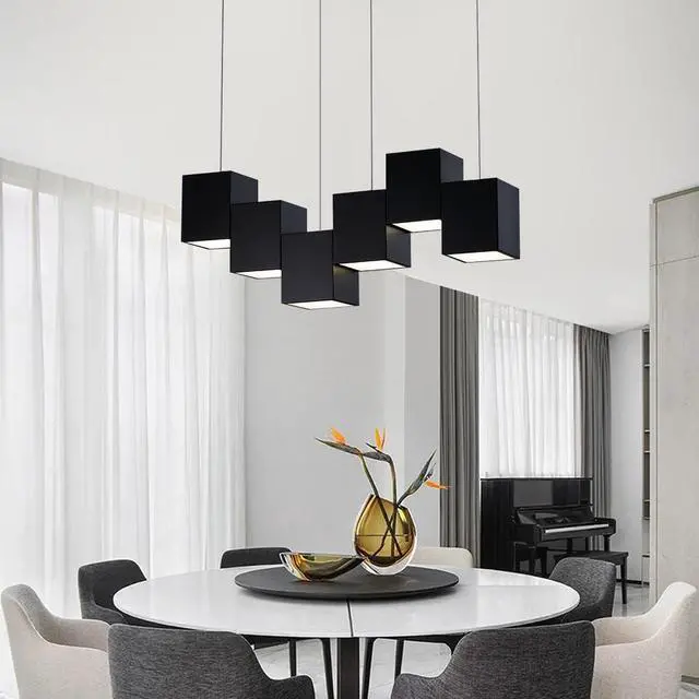 Alt view image 6 of 6 - Modern Black Kitchen Island Lighting, Linear Chandeliers for Dining Room 6-Light Square Ceiling Hanging Pendant Light