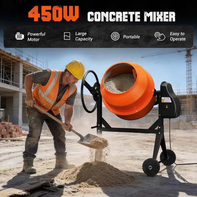 Alt view image 2 of 6 - 4.3 Cu.Ft Concrete Mixer, 450W (3/5HP) Heavy Duty Portable Cement Mixer with Wheel & Stand for Mortar, Stucco, Fodder - Orange Construction Mixing Machine