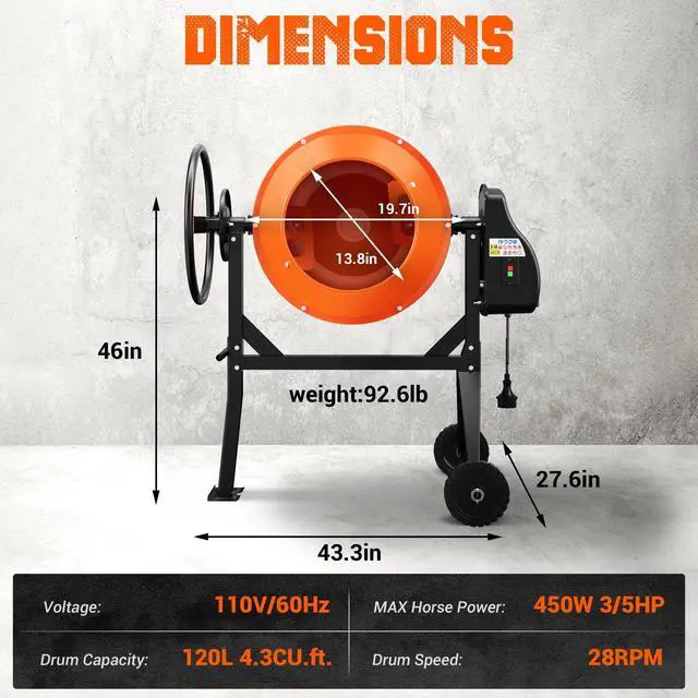 Alt view image 3 of 6 - 4.3 Cu.Ft Concrete Mixer, 450W (3/5HP) Heavy Duty Portable Cement Mixer with Wheel & Stand for Mortar, Stucco, Fodder - Orange Construction Mixing Machine