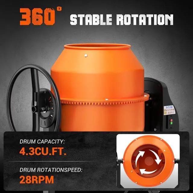 Alt view image 5 of 6 - 4.3 Cu.Ft Concrete Mixer, 450W (3/5HP) Heavy Duty Portable Cement Mixer with Wheel & Stand for Mortar, Stucco, Fodder - Orange Construction Mixing Machine
