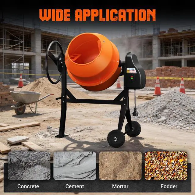 Alt view image 6 of 6 - 4.3 Cu.Ft Concrete Mixer, 450W (3/5HP) Heavy Duty Portable Cement Mixer with Wheel & Stand for Mortar, Stucco, Fodder - Orange Construction Mixing Machine