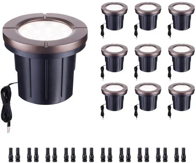Main image of Low Voltage Well Lights LED, Bright 12V Landscape Lights Outdoor IP67 Waterproof, 4" Wired in-Grade Uplights Aluminum ORB for Path Yard 6W 580LM 10 Pack