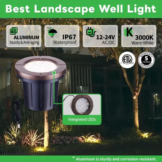 Alt view image 2 of 6 - Low Voltage Well Lights LED, Bright 12V Landscape Lights Outdoor IP67 Waterproof, 4" Wired in-Grade Uplights Aluminum ORB for Path Yard 6W 580LM 10 Pack