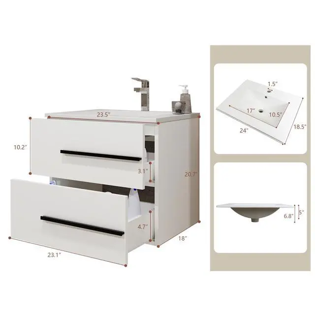 Alt view image 2 of 6 - 24 Inch Floating Bathroom Vanity with Sink, Fluted Drawers - Modern Wall Mounted Storage Cabinet, Black Handles & Soft-Close Drawers for Small Space Luxury(White with Sink, 24")