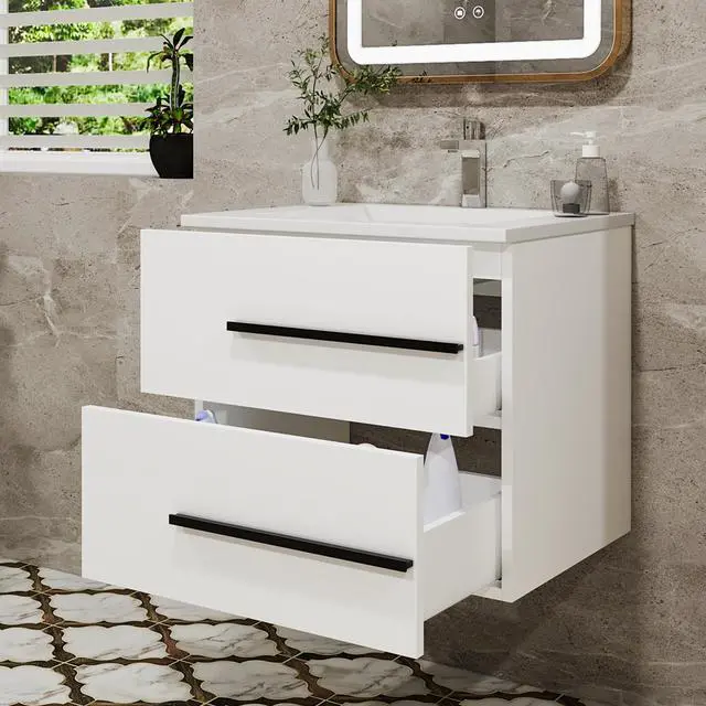 Alt view image 3 of 6 - 24 Inch Floating Bathroom Vanity with Sink, Fluted Drawers - Modern Wall Mounted Storage Cabinet, Black Handles & Soft-Close Drawers for Small Space Luxury(White with Sink, 24")