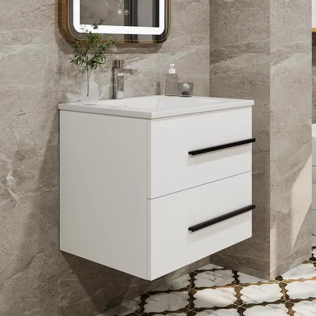 Alt view image 5 of 6 - 24 Inch Floating Bathroom Vanity with Sink, Fluted Drawers - Modern Wall Mounted Storage Cabinet, Black Handles & Soft-Close Drawers for Small Space Luxury(White with Sink, 24")
