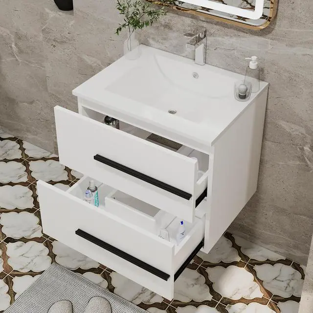 Alt view image 6 of 6 - 24 Inch Floating Bathroom Vanity with Sink, Fluted Drawers - Modern Wall Mounted Storage Cabinet, Black Handles & Soft-Close Drawers for Small Space Luxury(White with Sink, 24")