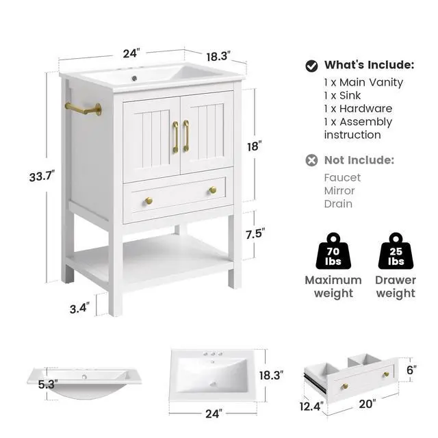Alt view image 2 of 6 - 24'' Bathroom Vanity with Sink & Towel Holder, Modern Bathroom Sink Cabinet with 1 Drawer, 2 Doors & Open Compartment, Wood Freestanding Bathroom Vanity Cabinet with Ceramic Sink, White