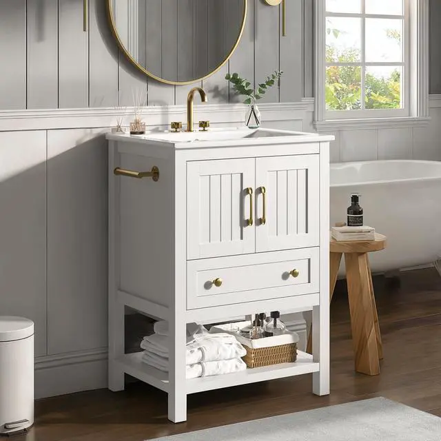 Alt view image 3 of 6 - 24'' Bathroom Vanity with Sink & Towel Holder, Modern Bathroom Sink Cabinet with 1 Drawer, 2 Doors & Open Compartment, Wood Freestanding Bathroom Vanity Cabinet with Ceramic Sink, White