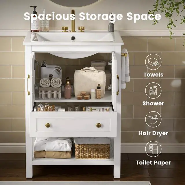 Alt view image 4 of 6 - 24'' Bathroom Vanity with Sink & Towel Holder, Modern Bathroom Sink Cabinet with 1 Drawer, 2 Doors & Open Compartment, Wood Freestanding Bathroom Vanity Cabinet with Ceramic Sink, White