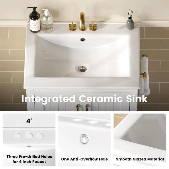 Alt view image 5 of 6 - 24'' Bathroom Vanity with Sink & Towel Holder, Modern Bathroom Sink Cabinet with 1 Drawer, 2 Doors & Open Compartment, Wood Freestanding Bathroom Vanity Cabinet with Ceramic Sink, White