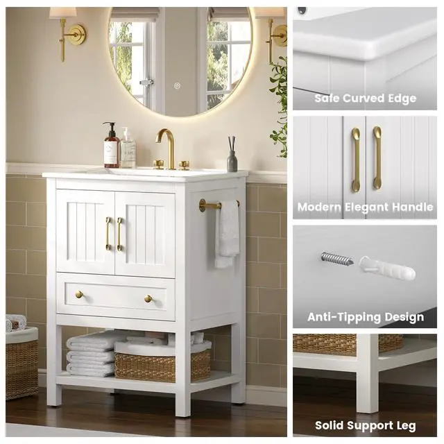 Alt view image 6 of 6 - 24'' Bathroom Vanity with Sink & Towel Holder, Modern Bathroom Sink Cabinet with 1 Drawer, 2 Doors & Open Compartment, Wood Freestanding Bathroom Vanity Cabinet with Ceramic Sink, White