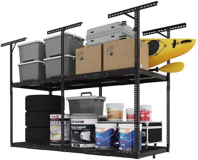 Main image of 3x8 2-Tier Overhead Garage Storage Rack Adjustable Heavy Duty Metal Garage Ceiling Storage Racks, 1000 lbs Capacity Garages Organization System for 915 ft Tall Garages, Black