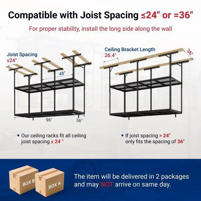 Alt view image 2 of 6 - 3x8 2-Tier Overhead Garage Storage Rack Adjustable Heavy Duty Metal Garage Ceiling Storage Racks, 1000 lbs Capacity Garages Organization System for 915 ft Tall Garages, Black