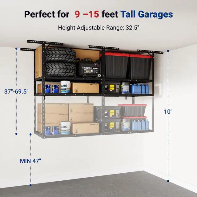 Alt view image 5 of 6 - 3x8 2-Tier Overhead Garage Storage Rack Adjustable Heavy Duty Metal Garage Ceiling Storage Racks, 1000 lbs Capacity Garages Organization System for 915 ft Tall Garages, Black