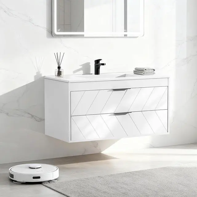 Main image of 24 Inch Bathroom Vanity with Sink, Modern Floating Bathroom Vanity with Resin Sink, 2 Large Storage Darwers, Wood Grain Texture Wall Mounted Vanity, Metal Handles, White