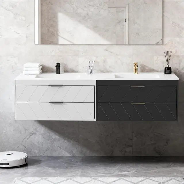 Alt view image 6 of 6 - 24 Inch Bathroom Vanity with Sink, Modern Floating Bathroom Vanity with Resin Sink, 2 Large Storage Darwers, Wood Grain Texture Wall Mounted Vanity, Metal Handles, White