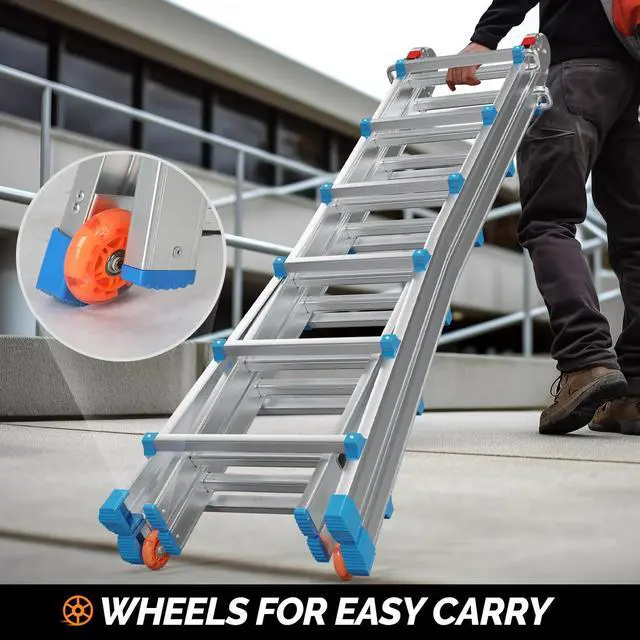 Alt view image 3 of 5 - 22FT A Frame Step Ladder Telescoping Ladder, Muti Position Folding Ladder Flared Leg & Wheels Design, 330 lbs Capacity Extension Ladder for Household Outdoor Work (22 FT Reach Height)