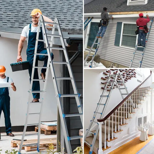 Alt view image 4 of 5 - 22FT A Frame Step Ladder Telescoping Ladder, Muti Position Folding Ladder Flared Leg & Wheels Design, 330 lbs Capacity Extension Ladder for Household Outdoor Work (22 FT Reach Height)