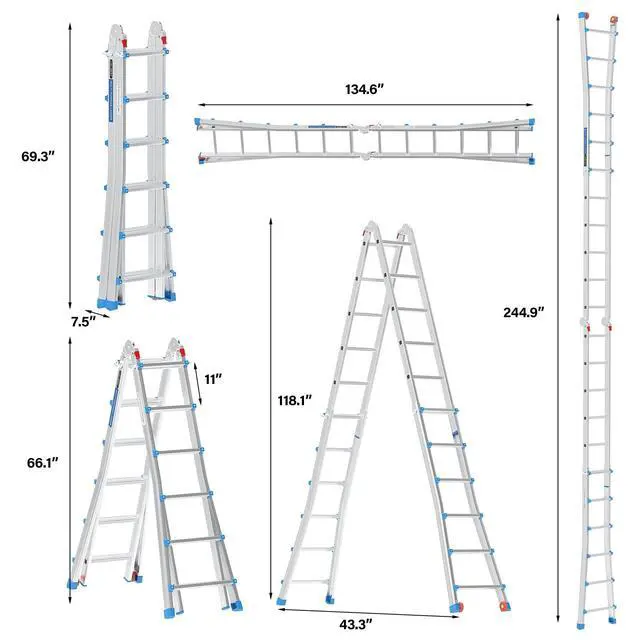 Alt view image 5 of 5 - 22FT A Frame Step Ladder Telescoping Ladder, Muti Position Folding Ladder Flared Leg & Wheels Design, 330 lbs Capacity Extension Ladder for Household Outdoor Work (22 FT Reach Height)