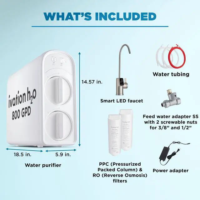 Alt view image 6 of 6 - H2O 800 GPD, Reverse Osmosis Under Sink, Tankless Water Purifier, Home Kitchen Drinking Water Filtration TDS System with 8-Stage Filter NSF/ANSI 42, 58 & 372 Certified, Smart LED Faucet