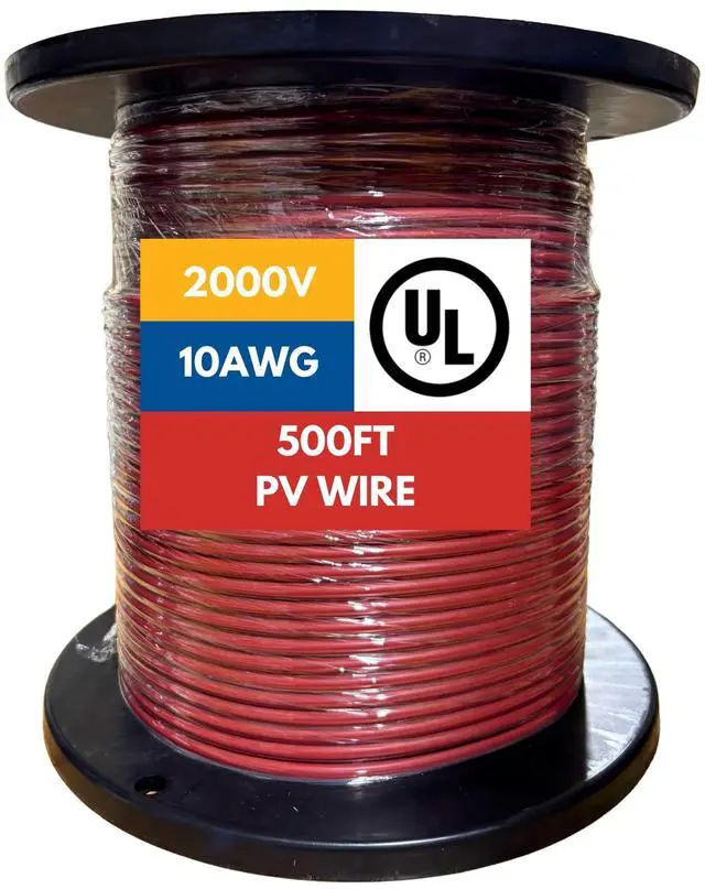 Main image of SSS 2000V UL 4703 Solar PV Wire 500 Feet, 10AWG (6mm²) Dual Sheath, 100% Pure Copper UL Listed, 2KV, Weatherproof, UV & Direct Burial Rated - Commercial Grade Cable (Red, 500FT, 10 Gauge)