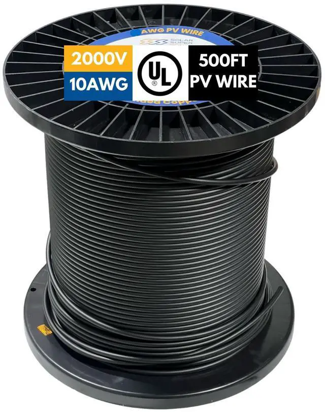 Main image of SSS 2000V UL 4703 Solar PV Wire 500FT, 10AWG (6mm²) Dual Sheath, 100% Pure Copper UL Listed, 2KV, Weatherproof, UV & Direct Burial Rated Commercial Grade Cable (Black, 500 Feet, 10 Gauge)