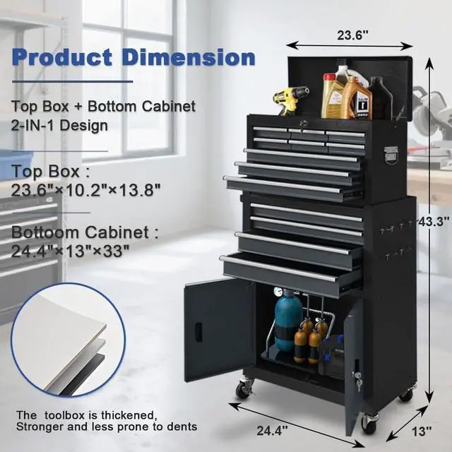 Alt view image 3 of 6 - 13-Drawer Rolling Tool Chest, 2 in 1 Detachable Metal Tool Cabinet with Lock & Wheels, Heavy-Duty Tool Storage Organizer for Garage, Workshop, Auto Repair & Home (Black&Grey)