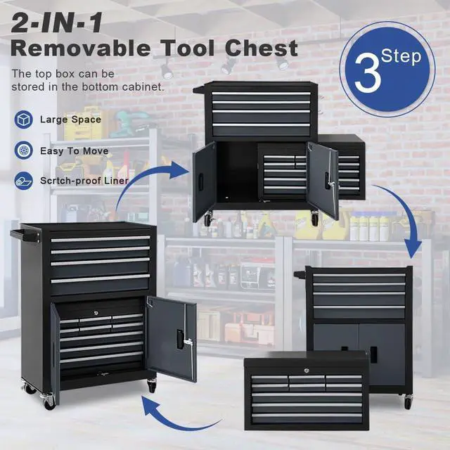 Alt view image 6 of 6 - 13-Drawer Rolling Tool Chest, 2 in 1 Detachable Metal Tool Cabinet with Lock & Wheels, Heavy-Duty Tool Storage Organizer for Garage, Workshop, Auto Repair & Home (Black&Grey)